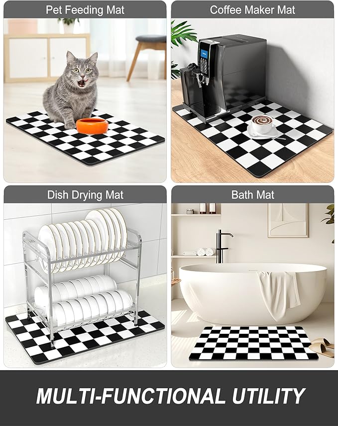 Rnivvi Dish Drying Mat for Kitchen Counter, 12 x 19" Cute Checkered Absorbent Draining Pad, Non-Slip Heat Resistant Coffee Bar Mats for Coffee Machine Station Accessories, Black White Dish Rack Pad - Image 7