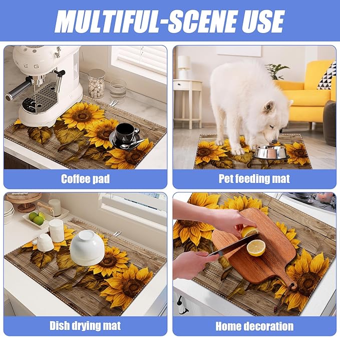 Vintage Sunflower Wooden Grain Dish Drying Mat for Kitchen Counter Drying Pad Absorbent Reversible Dish Drainer Rack Mats Draining Pad 18"x24"Inch - Image 7