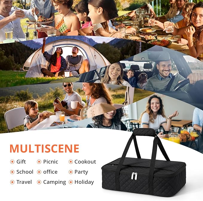 Insulated Casserole Carrier Portable Food Tote for Hot or Cold – Fits 9"x13" Baking Dish, Lasagna Holder for Parties, Picnic, Travel, Beach - Black