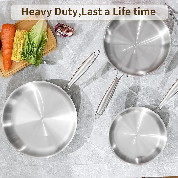 DELARLO Tri-Ply Stainless Steel Pan, 18/10 Frying Pan, Oven Safe Up to 600°F, Nontoxic Cookware, Compatible with All Cooktops Skillet, Durable, Fast Even Heat Fry Pan,12.5 inch Steel Frying Pan - Image 6