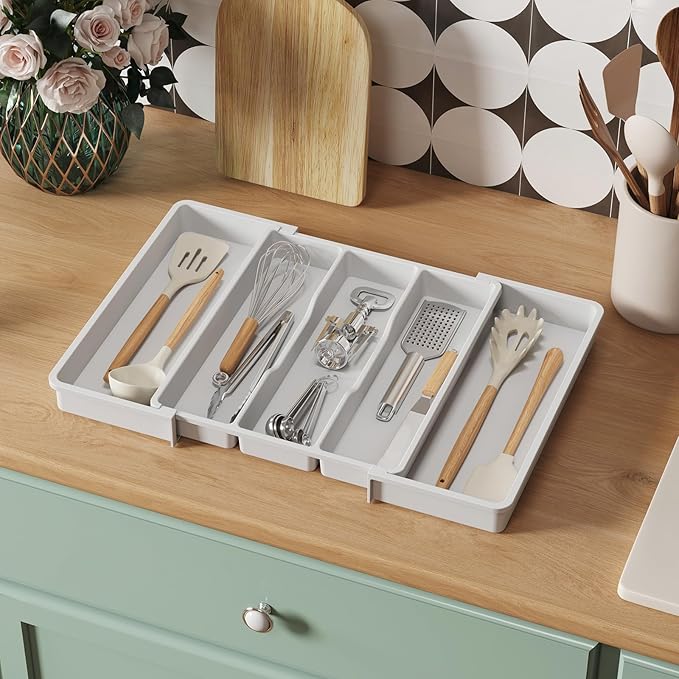 Lifewit Utensil Organizer for Kitchen Drawers, Expandable Cooking Utensil Tray, Adjustable Cutlery Silverware Flatware Holder, Plastic Spatula Tools Storage Divider, 13-22 x 15", White - Image 8