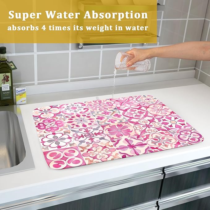 Pink Mexican Tiles Dish Drying Mat Absorbent Microfiber Dish Drying Pad for Kitchen Multi-use Large - Image 7