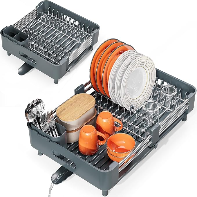 Urackify Stainless Steel Dish Drying Rack - Dish Drainer for Kitchen Counter, Extendable Drainboard with Foldable, Space-Saving Cup & Bowl Organizer, Includes Knife and Utensil Holder, Matte-Green - Image 9