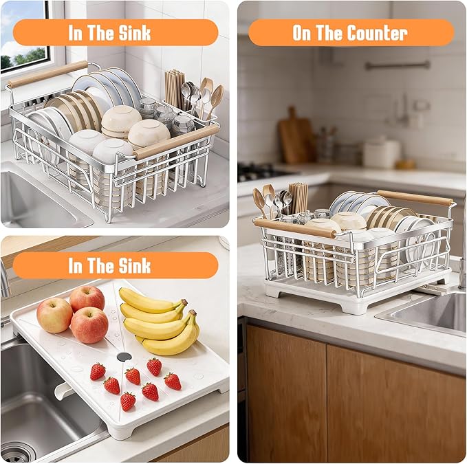 Dish Drying Rack for Kitchen Counter, Stainless Steel Dish Rack with Drainboard, Wooden Handles, Large Capacity Countertop Dish Rack for Plates, Bowls, Cups & Utensils