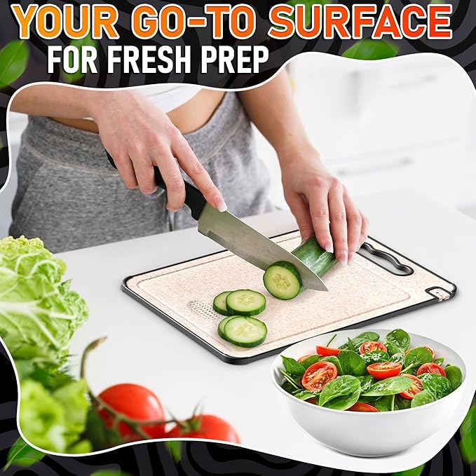 Double Sided Metal Cutting Board Titanium 14.3"x9.8" - GR1 Titanium Cutting Board with Sharpener for Knife for Meat & Wheat Straw + PP for Fruits - Non-slip, Built-in Garlic Grater & Juice Grooves