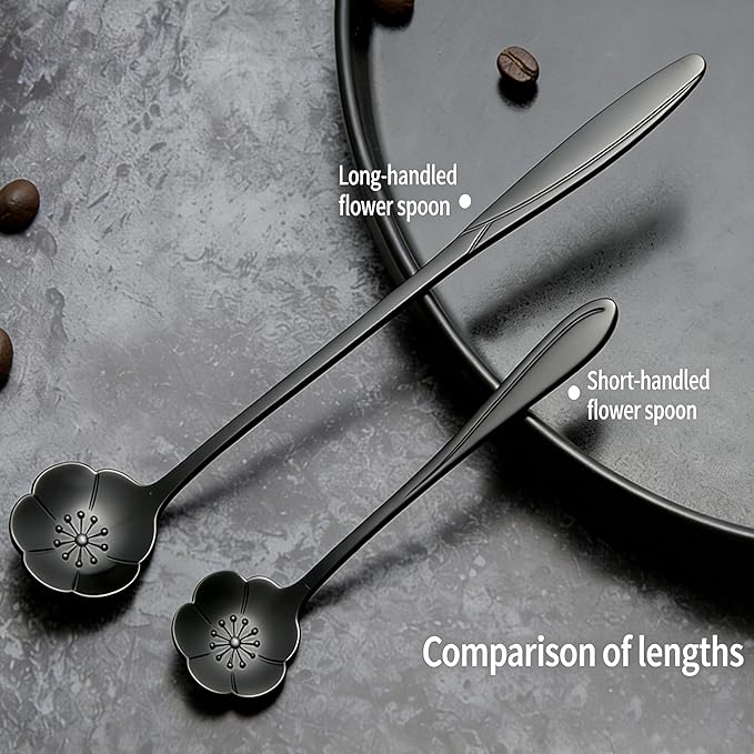 12 Pcs Flower Coffee Tea Spoons Set with Storage Bag, 4 Long & 8 Short Stainless Steel Teaspoons for Sugar Dessert Ice Cream Stirring, Cute Fancy Tableware for Tea Party Kitchen Cafe Bar(Black)