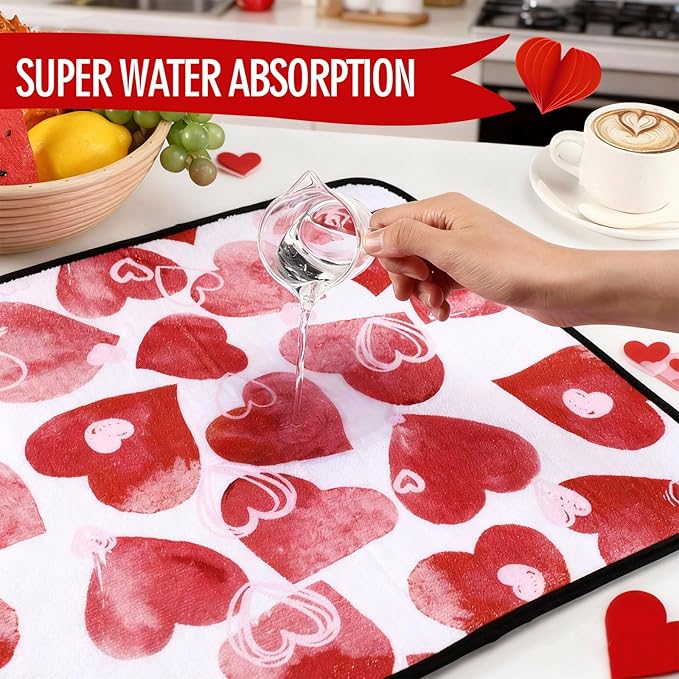 Breling Valentine's Day Dish Drying Mat Valentine Kitchen Dry Mat Absorbent Hearts Table Dishes Pad Red Pink Protect Tableware Kitchen Accessories for Home Decor, 16 x 18.4 Inches