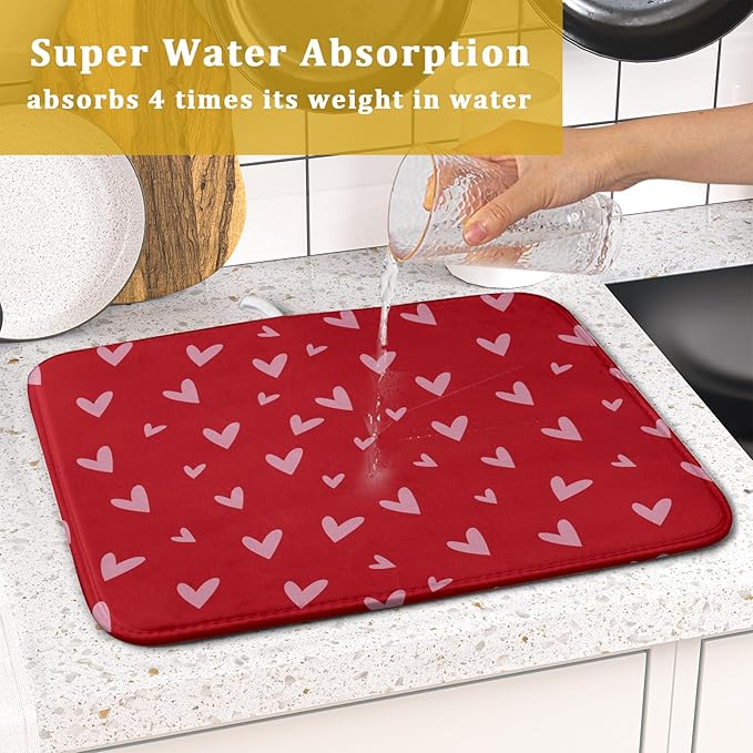 Valentines Dish Drying Mat for Kitchen Counter 16x18 Inch Valentine's Day Red Pink Love Heart Print Absorbent Reversible Microfiber Drying Mats Kitchen Countertop Protector Dishes Drainer Rack Pad - Image 7