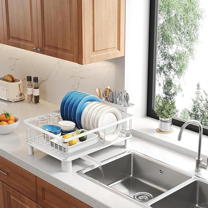 SNTD Dish Drying Rack - Small Dish Rack for Kitchen Counter, Stainless Steel Dish Drainer with Utensil Holder and Drainboard, 11" W x 15" L (White) - Image 9