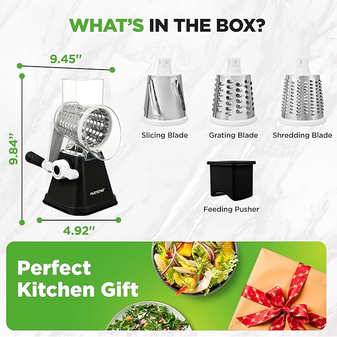 Nutrichef 3 in 1 Cheese Grater & Shredder | Strong Suction Base, Rotary Handle with Safety Lock | Includes Hand Crank & 3 Drum Blades for 3 Textures, Fine, Medium & Strips | Black - Image 8