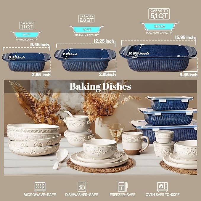 Artena Casserole Dishes For Oven, Ceramic Baking Dish, Large Lasagna Pan With Handles, Baking Pan Casserole Dish, Rectangular Bakeware Deep, Set Of 3 (5.1Qt/2.3Qt/1.1Qt) (Blue - Only Baking Dish) - Image 7