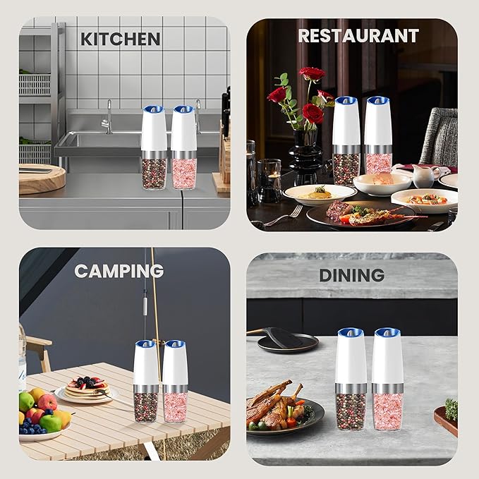Battery Operated Salt And Pepper Grinder Set with LED Light, Automatic Electric Gravity Salt And Pepper Shakers Set, Each 6 AAA Batteries Needed, Adjustable Roughness, 2 Pack (White) - Image 7