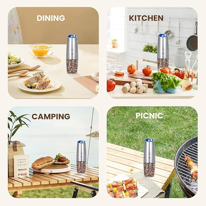 Rechargeable Electric Salt And Pepper Grinder Set, Automatic Gravity Electric Salt And Pepper Grinder Set, Adjustable Roughness, Led Light, 1 Pack, (Silver) - Image 7