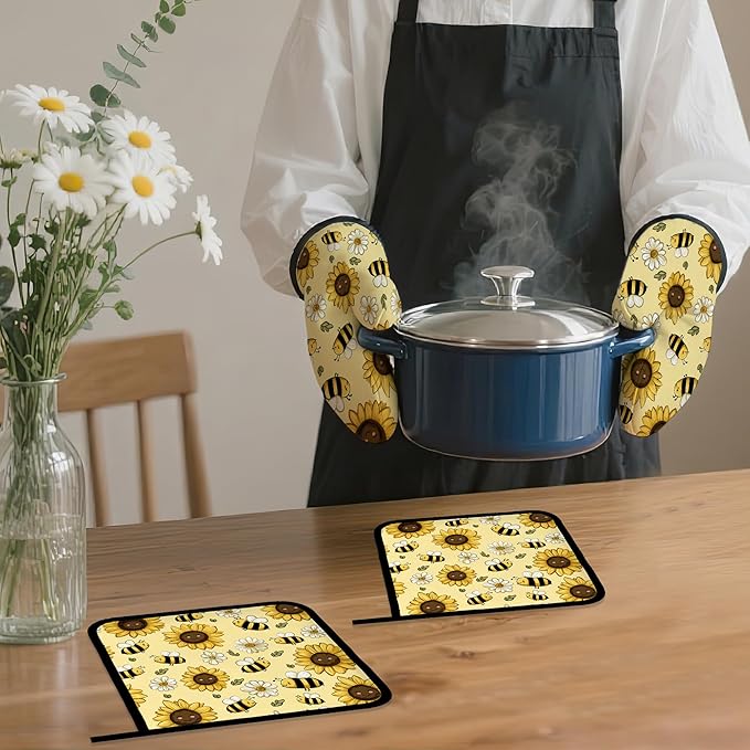 Sunflower Bee Oven Mitts and Pot Holders Set,Daisy Kitchen Oven Gloves and Pot Holder with Heat Resistant Non Slip for Cooking Baking Grilling(4 Piece Set)
