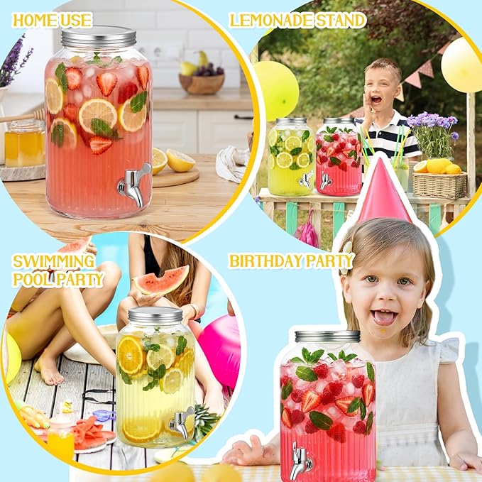 SiliFine 2 Pieces 1 Gallon Plastic Beverage Dispenser with Spigot Striped Clear Large Drink Beverage Dispenser Summer Fridge Water Container with Tap for Party Iced Tea, Sangria, Lemonade (Silver)
