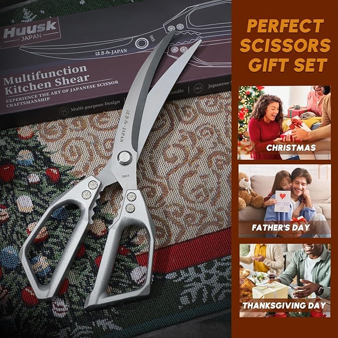 HUUSK Kitchen Scissors Silver - Stainless Steel Kitchen Shears for Food, Japanese Cooking Scissor, Sharp Meat Scissors Dishwasher Safe, Heavy Duty Poultry Shears for Chicken, Gifts for Women - Image 7