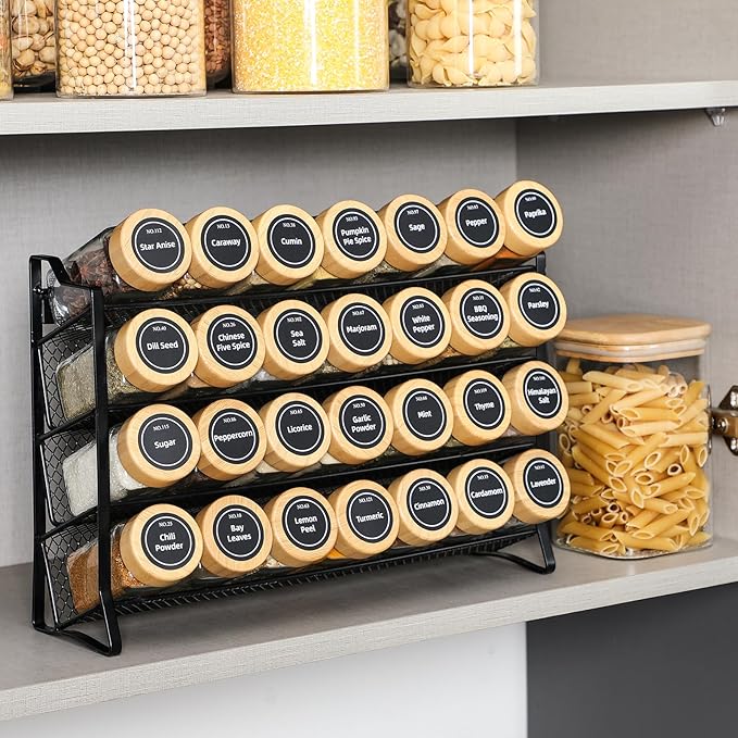 AOZITA Spice Rack Organizer for Cabinet, 28 Empty Spice Jars with Bamboo lids, Funnel, Spice Labels, Seasoning Organizer for Countertop, Cabinet, Kitchen, Pantry, Cupboard - Image 6