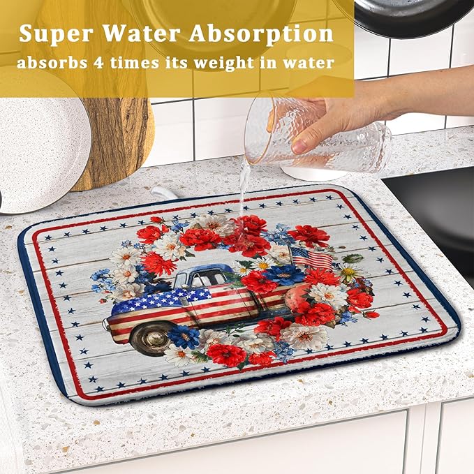 American Flag Dish Drainer Mat Flowers Absorbent Dish Rack Pad for Kitchen Coffee Bar Sinks - Image 7