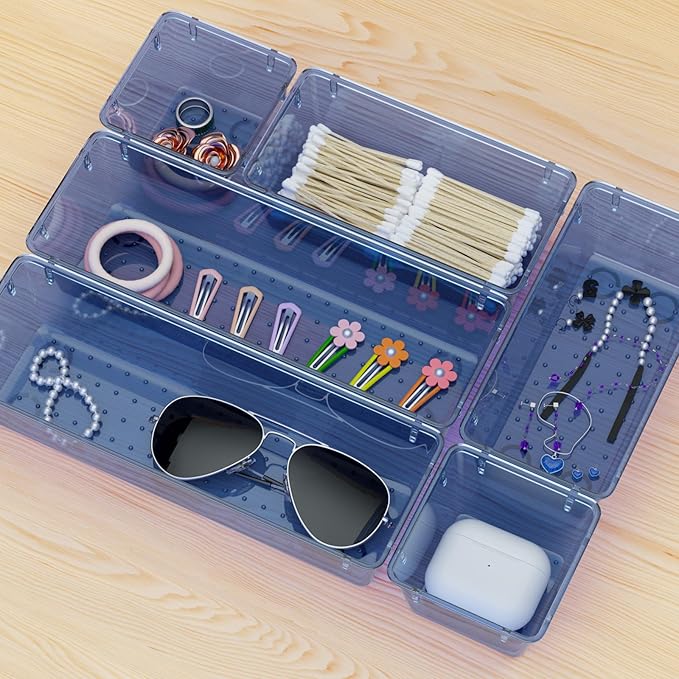 WOWBOX 9 Pack Clear Drawer Organizer Set, Acrylic Drawer Storage Trays, Storage Bins for Makeup, Cosmetics, Jewelries, Utensils, Gadgets, Office, Dark Blue - Image 7
