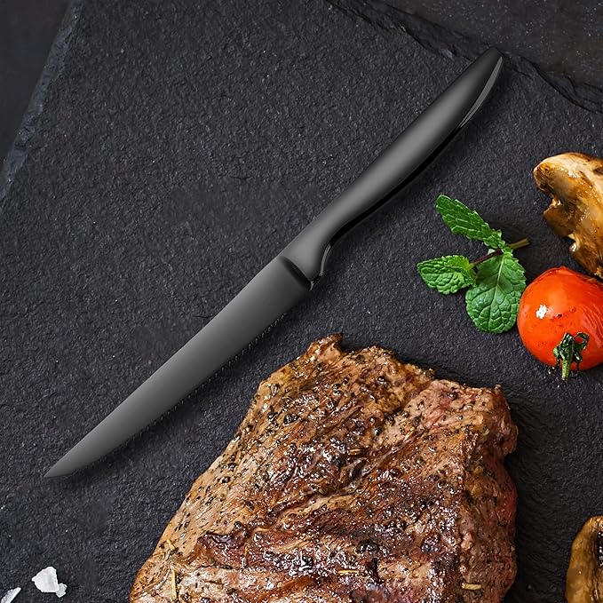SuperCook Black Steak Knives of 12, High End Stainless Steel Steak Knives Set of 12, Dishwasher Safe Steak Knive, Serrated