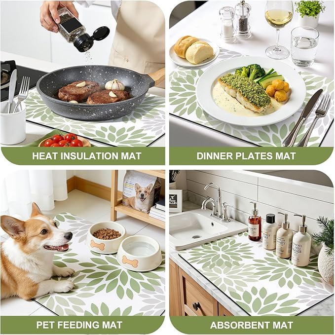 Findosom Floral Dish Drying Mat, 16" x 24" Super Absorbent & Hide Stain Coffee Mat, Cuttable Drying Mat for Kitchen Counter, Under Dish Rack, Coffee Maker, Espresso Machine, Sage Green