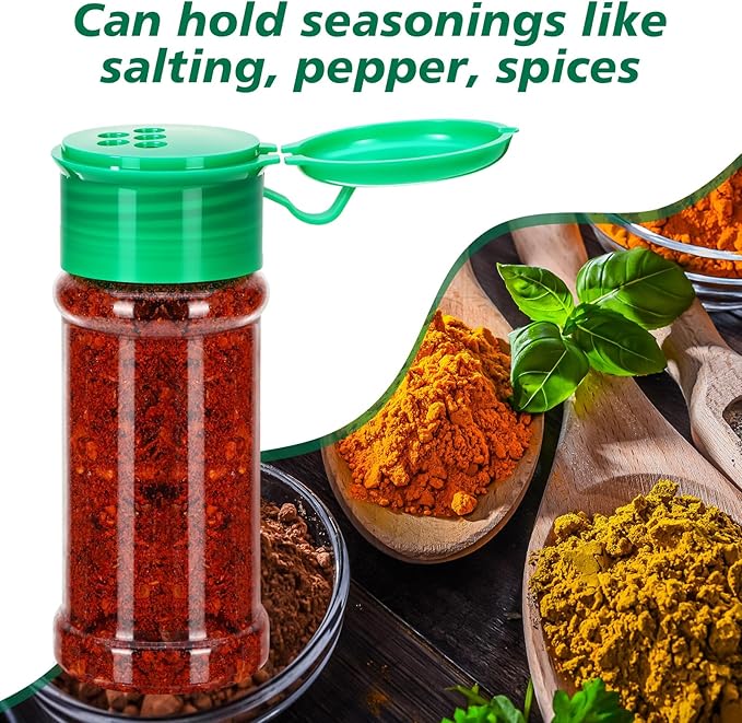 Amyhill 100 Pcs Plastic Spice Bottles Spice Jars with Green Cap Seasoning Jars Shaker 2 Oz/ 60ml Clear Bottle Containers with Shaker Lids for Storing Herbs and Seasoning Powders