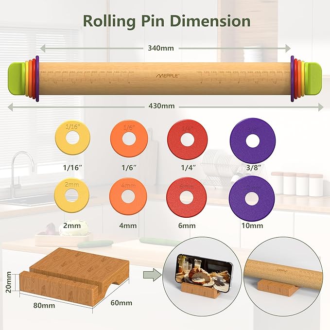 Rolling Pin with Thickness Rings and Pastry Baking Mat, 13.6" Adjustable Wooden Rolling Pin Dough Roller for Baking Cookie Pizza, Comes with Large Silicone Pastry Mat and Wooden Stand - Image 9