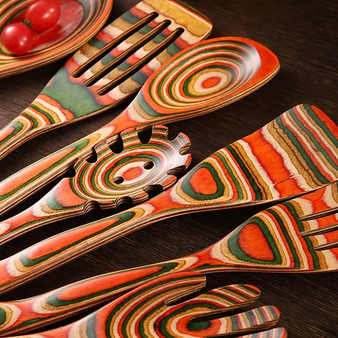 7Pcs Pakkawood Kitchen Utensils Set for Cooking, Wooden Spoons for Cooking, Safe Eco-Friendly, Non-Stick, Wooden Utensil for Cooking,Wooden Cookware Set, Housewarming Kitchen Gifts, Colorful