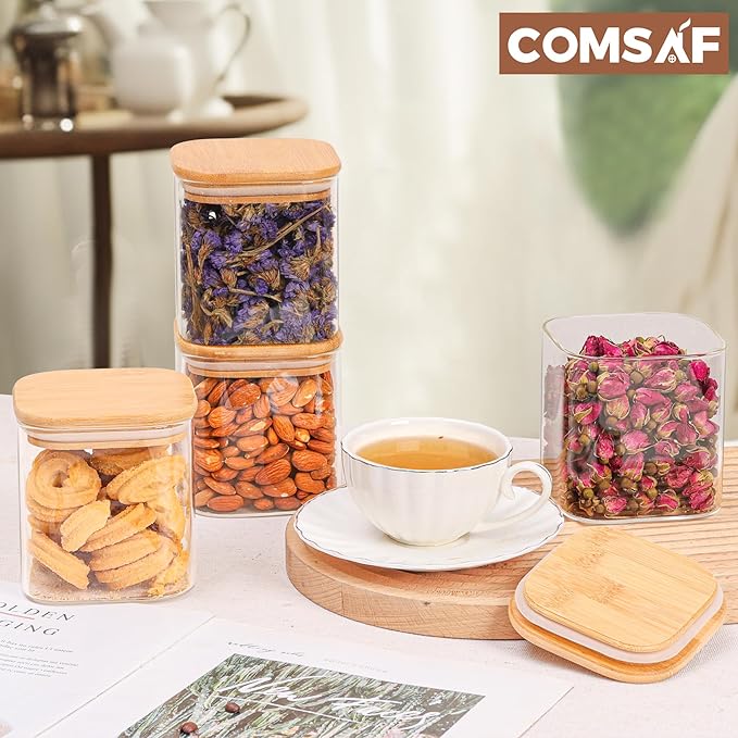 ComSaf 0.7 Qt Glass Food Storage Jars Set of 4, Clear Glass Storage Containers with Lids, Pantry Organization Jar, Spice Jar, Blooming Tea, Coffee and Sugar Container, Small Canister Set for Kitchen - Image 9