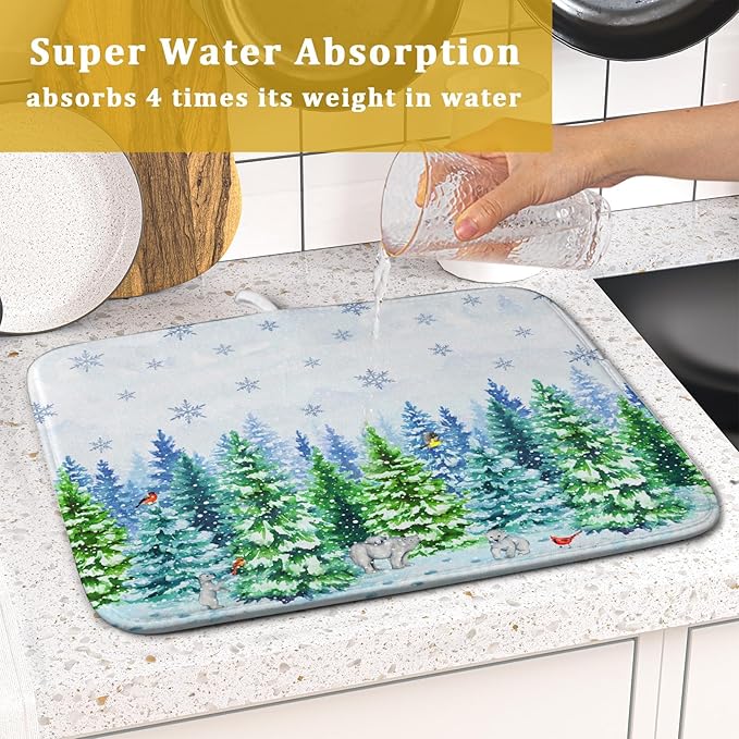 Watercolor Winter Dish Drying Pad Forest Kitchen Mat for Counter for Home Season Decor - Image 6