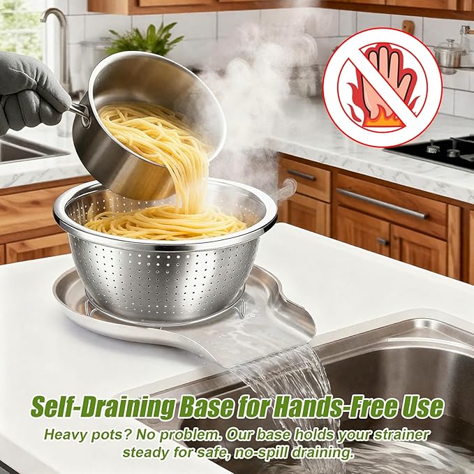 Palksky Stainless Steel Colander Set with Self-Draining Base, 3 Sizes Colanders & Food Strainers for Pasta, Rice, Fruits & Veggies, Metal Colander with Draining Plate for Sink or Countertop - Image 8