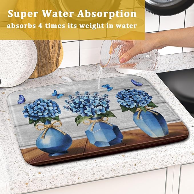 Giwawa Blue Hydrangea Dish Drying Mat for Kitchen Vintage Wood Board Floral Butterfly Dish Drainer Mats 16x18inch Rustic Flowers Dish Drying Rack Pad Protector for Countertop Dining Decor