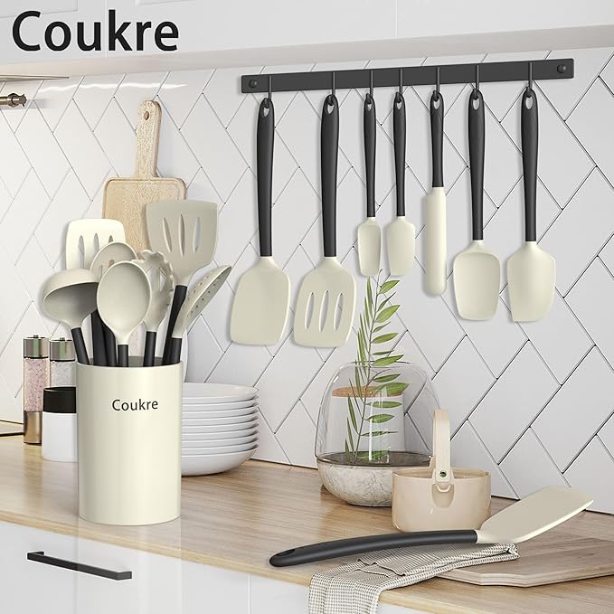 Coukre Silicone Kitchen Cooking Utensils Set with Holder – Heat-Resistant, Food-Grade Kitchen Tools, Spatula, Spoon & Gadgets for Non-Stick Pans, Dishwasher Safe (14, Beige) - Image 6