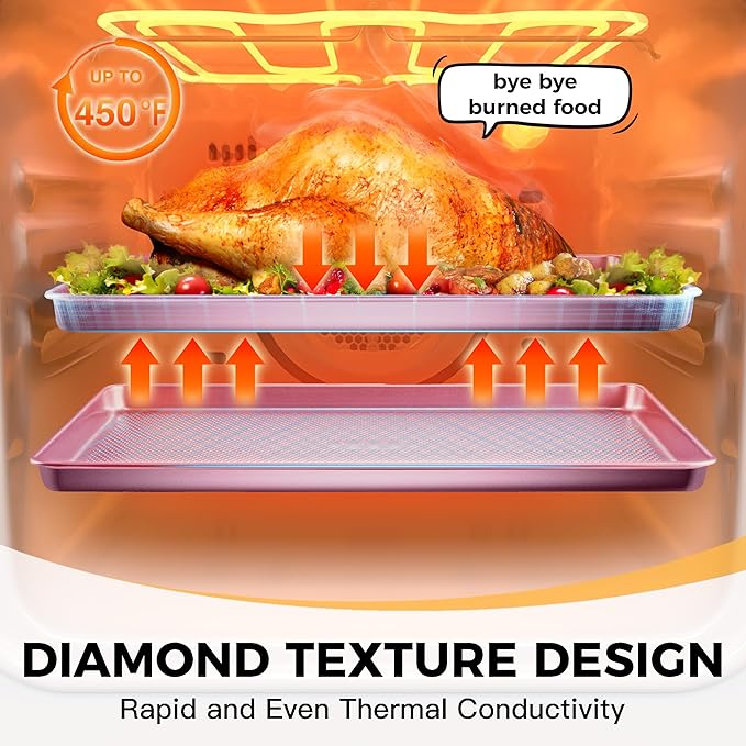 HONGBAKE 9-Piece Baking Pans Set Nonstick, Stackable Non Toxic Bakeware Sets with Diamond Texture, Oven Pan Set for Cooking, Includes Cookie Sheet with Rack, Cake Pan, Roasting Pan, Muffin Tin, Pink - Image 9