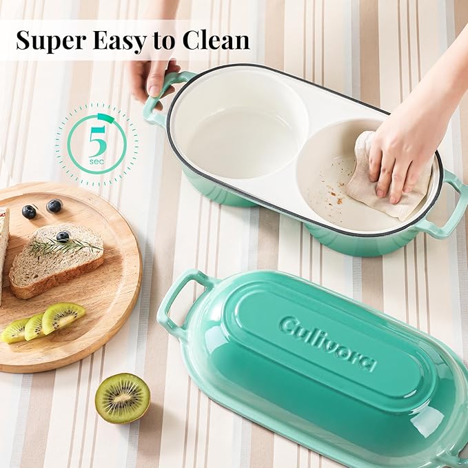 Cast Iron Bread Pan with Lid, Mini Enamel Sourdough Baking Dutch Oven Pot, Double Round Loaf Space for Homemade, Bread, Cake, Meatloaf, 16.5cm Diameter, 500°F Oven Safe, Non Stick, Green