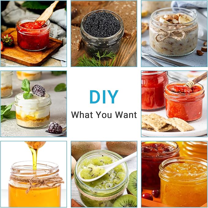 Eathtek Small Mason Jars 8 Pack, 4oz/120ml Mini Canning Jars with Regular Lids for Jelly Herbs Spice Honey Storage, Small Glass Jars Candle jars, Extra Lids Tags Label Included