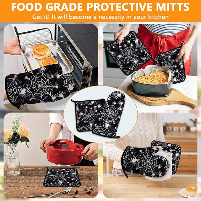 Spider Web Oven Mitts and Pot Holders Sets 4Pcs,Extra Long Oven Gloves Potholder for Kitchen Cooking Baking BBQ 100% Cotton Heat Resistant - Image 7