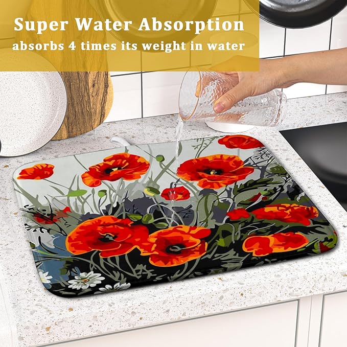 Giwawa Poppy Dish Drying Mat 16x18 inch for Kitchen Vintage Red Orange Floral Dish Drying Pad Oil Painting Flower Dish Drainer Mats Absorbent Microfiber Protector for Countertop Coffee Bar