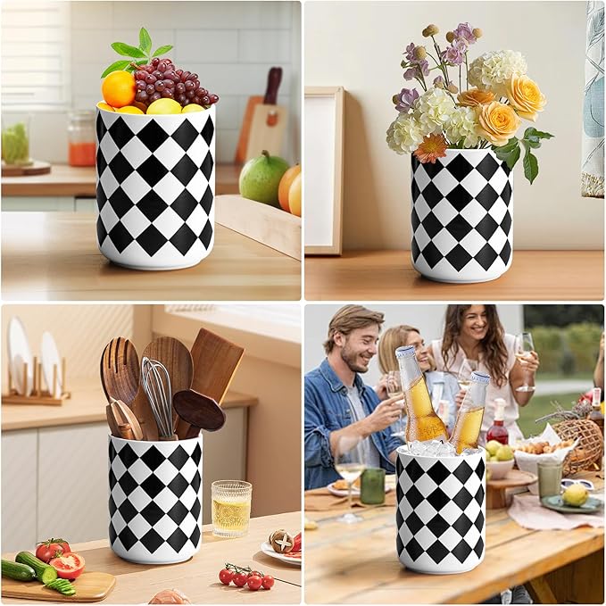 Kitchen Utensil Holder for Countertop, 6.4" Ceramic Utensil Holder Deep and Stable,Kitchen Utensil Organizer,Modern Checkered Utensil Holder for Decor