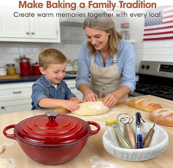 5QT Enameled Cast Iron Dutch Oven for Bread & Multi-Cooking – Complete Sourdough Starter Kit with Lid ,Probe Thermometer, Proofing Basket, Silicone Sling & Gift Packaging Bags,Oven Safe up to 500°F(Red)