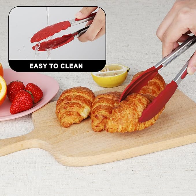 Hotec Mini Silicone Kitchen Tongs for Cooking - 7-Inch Small Serving Tongs with Silicone Tips, Set of 3 (Red) - Image 8