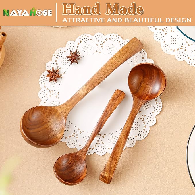 3Pcs Wooden Ladle for Soup, 3Size Natural Teak Wooden Cooking Spoons, Wood Soup Spoon for Serving, Stirring, Non-Stick Heat-Resistant, Kitchen Spoon Sets for Mom and Wife Cooking Gifts