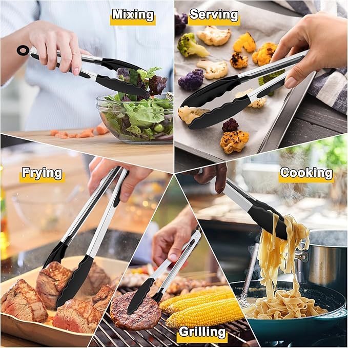 TeamFar Kitchen Tongs, 9" and 12" Stainless Steel Cooking Tongs with Silicone Tips for Cooking Grilling Serving & BBQ, Heat Resistant Silicone Tongs, Locking Design & Dishwasher Safe, Set of 2 & Black - Image 7