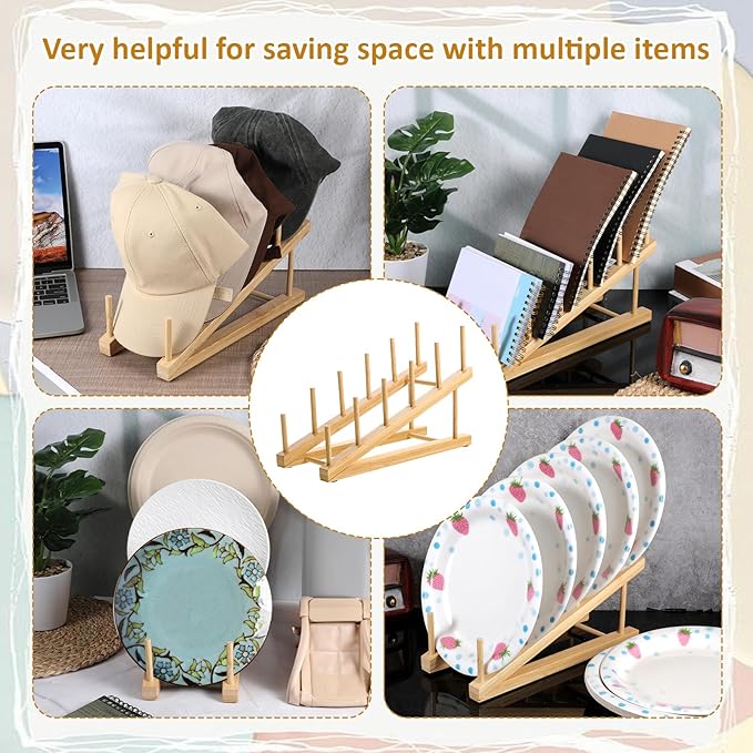 5 Pack Wooden Dish Rack Wooden Plate Stands for Display Multi Tier Plate Holder Cabinet Organizer, Craft Show Vendor Counter Display Rack for Tabletop Book, Art Prints and Platter