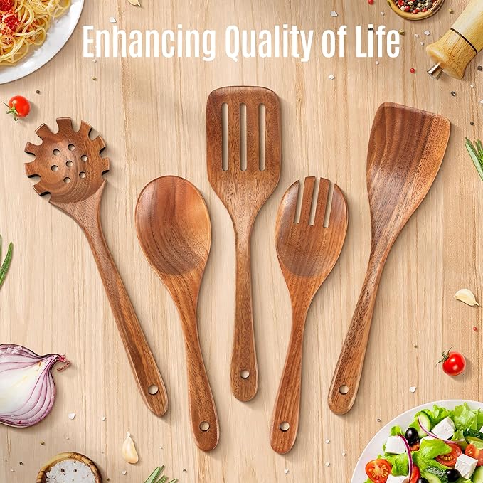 5 PCS Wooden Spoons for Cooking Natural Teak Kitchen Utensils Set Smooth Non-Stick Surface Cooking Utensils Set Soft Comfort-Grip Wooden Spatula Set - Image 8