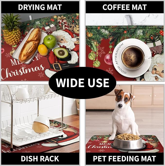 Merry Christmas Dish Drying Mat Santa Claus Kitchen Drainer Mats Microfiber Absorbent Winter Xmas Holiday Dishes Pad Reusable Dish Rack Mat for Countertop Tableware Decor 16x18 Inch - Image 7