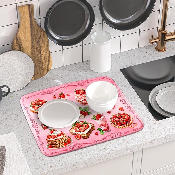 Pink Strawberry Dish Drying Mat for Kitchen Counter Washable Absorbent Dish Draining Mat 16×18in - Image 6