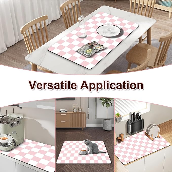 Dish Drying Mat for Kitchen Counter, 12" x 20" Checkered Coffee Bar Mat for Espresso Machine, Absorbent and Stain-Resistant Countertop Protector, Non-Slip Rubber Back Drying Pad, Pink & White