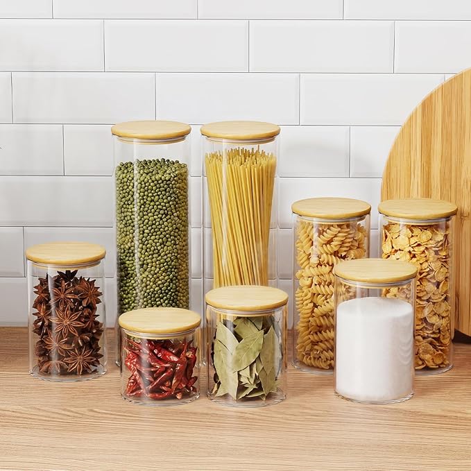 OneDream Glass Container - 5 Pack MultiSize Glass Jars with Bamboo Lid, Bamboo Lid Storage Jar Canister for Coffee Beans, Cereal, Pasta, Flour, Tea, Nuts, Candy, Salts and More - Image 8