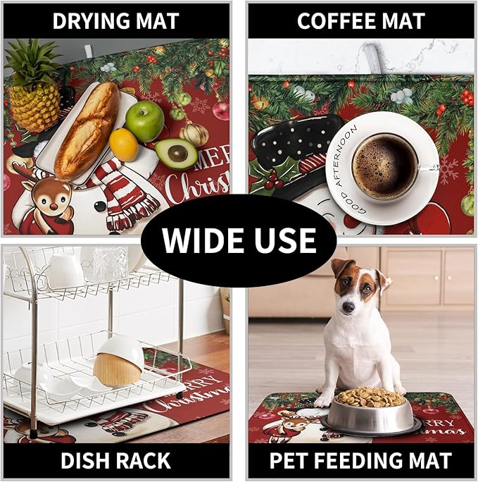 Christmas Dish Drying Mats for Kitchen Counter 16x18 Cute Snowman Red Dish Drying Pad for Dishes Winter Xmas Holiday Dish Draining Mat Absorbent Microfiber Dish Drainer Rack Mats - Image 7